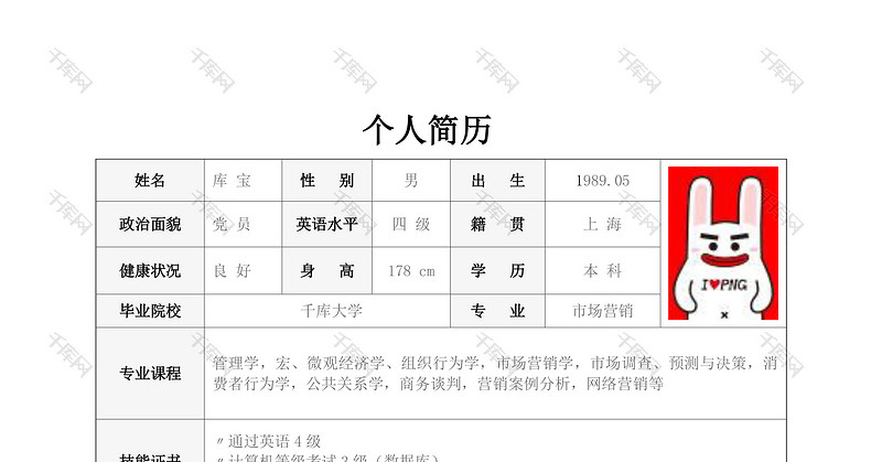 市场营销专业通用Word表格简历模板