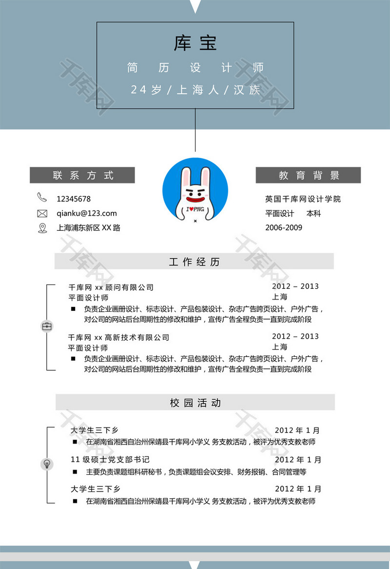 蓝色创意应届生设计多页求职简历