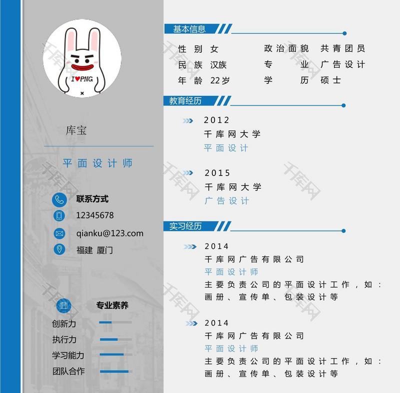 传统两栏蓝色简历学生简约简历模板