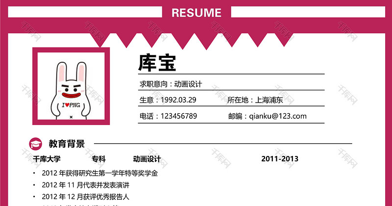 枚红色创意动画设计设计类大学应届求职简历