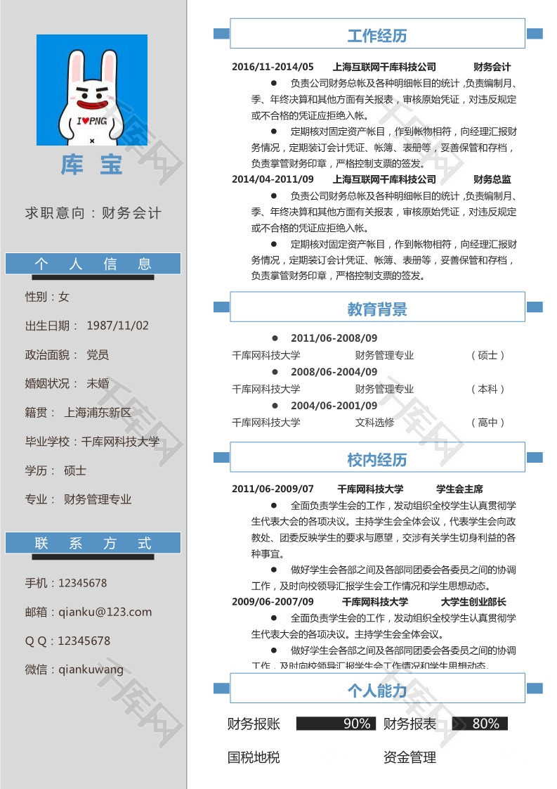 蓝色简约风格财务会计专业大学生求职简历