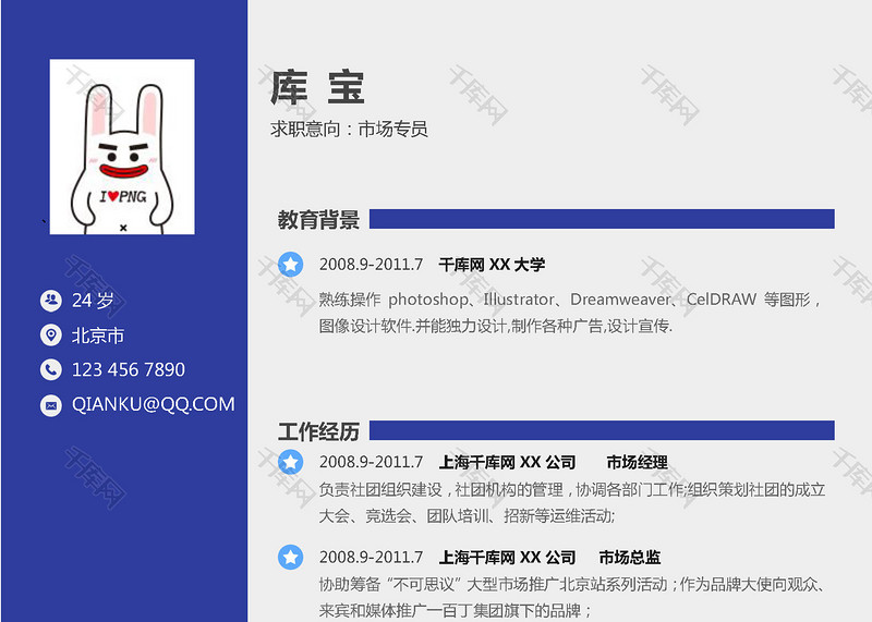 市场专员中文简历模版