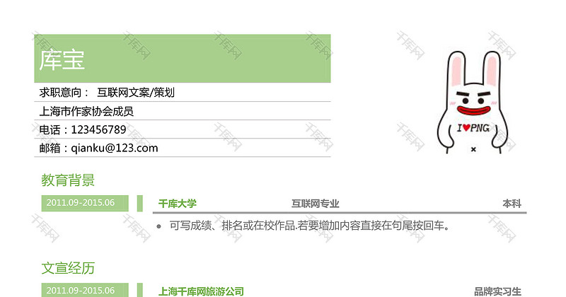 绿色清新简约大气互联网文案策划求职简历
