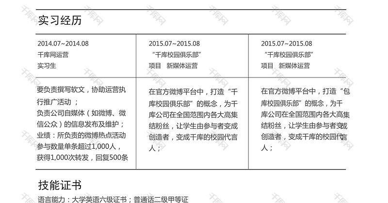 灰色营销实习生个人简历模板