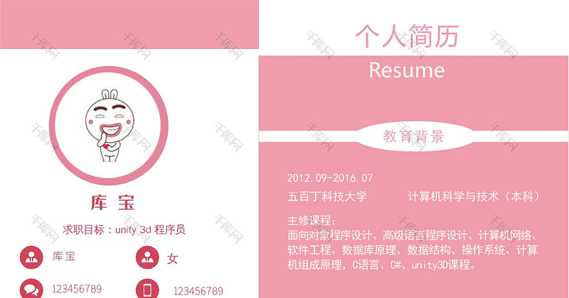 粉红创意程序员个人简历word模板