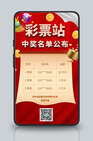 彩票店中奖名单红色大气海报