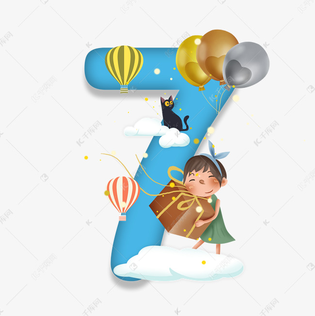 卡通儿童节站在白云上的小女孩数字7