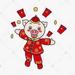 2019新年红色喜庆卡通猪图片_卡通2019年撒红包新年小猪