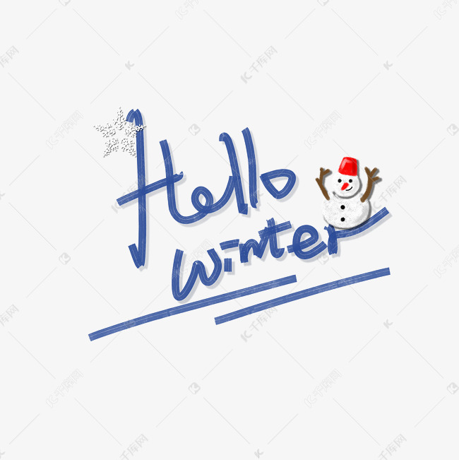 你好冬天灰蓝色雪人雪花英文手写.