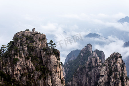 小猴子跳绳摄影照片_黄山猴子观云海摄影图