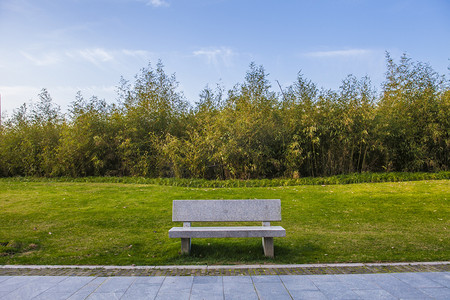 草地风景图摄影照片_公园长椅树林远景自然风景摄影图