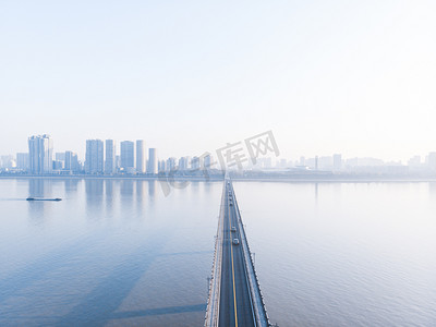 航拍杭州钱塘江大桥晨景摄影图