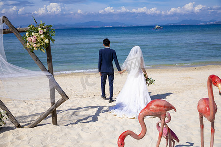结婚席位卡摄影照片_情侣婚纱扎走向大海背影拍摄