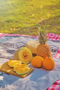 哈密瓜菠萝摄影照片_野餐水果摄影图