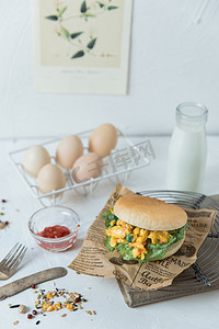 鸡蛋汉堡早餐摄影图