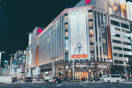 道路标识牌矢量摄影照片_日本东京银座夜景城市摄影图