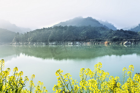 江水山峰和油菜花摄影图