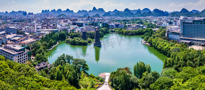 全景航拍桂林著名景点日月双塔两江四湖景区摄影图