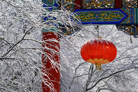 雪后牌坊挂红灯笼摄影图