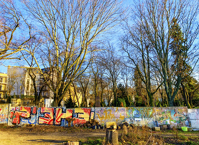涂鸦彩色摄影照片_柏林残败的柏林墙涂鸦和枯树摄影图