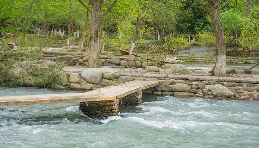 春天小木桥河流绿树摄影图