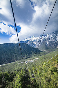 高山雪峰蓝天白云缆绳自然风景摄影图