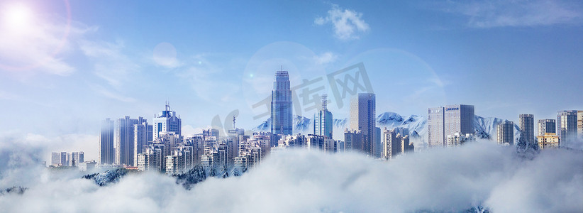 字体科技感摄影照片_蓝色云端城市摄影图