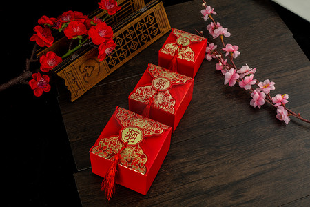 中式礼物盒摄影照片_婚庆婚礼喜糖盒囍字礼盒摄影图