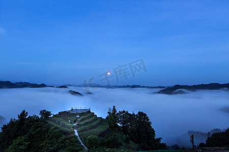 夜景树木摄影照片_夜晚石潭云海摄影图