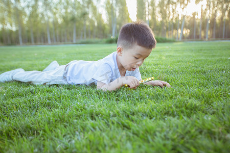 趴草地上用放大镜观察小草的孩子
