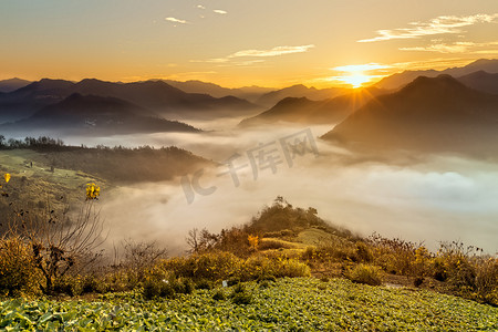 山峰日出摄影照片_云海日出和山峰摄影图