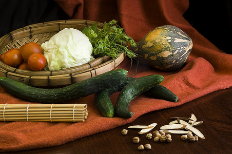 南瓜摄影照片_竹篓蔬菜摄影图