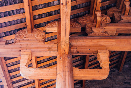 复古中国风木质建筑顶梁摄影图