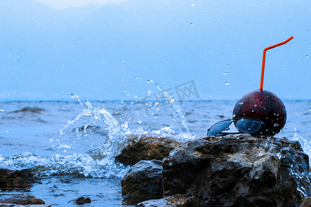 雨珠椰子摄影照片_洱海边场景布置椰子摄影图