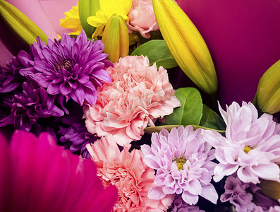 紫色花朵摄影照片_五彩鲜花花束自然风景摄影图