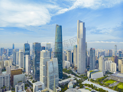 文创商圈摄影照片_晴空白云下的广州CBD城市群摄影图
