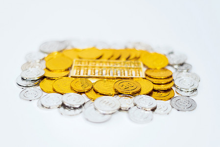 理财的摄影照片_被金币银币包围的金算盘摄影图