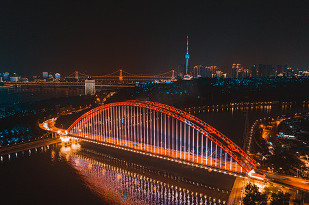 武汉晴川桥大气航拍夜景实拍图片摄影图