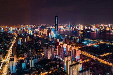 武汉城市建筑群CBD大气航拍夜景实拍摄影图