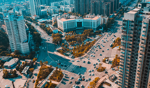 武汉城市街道建筑秋季航拍摄影图