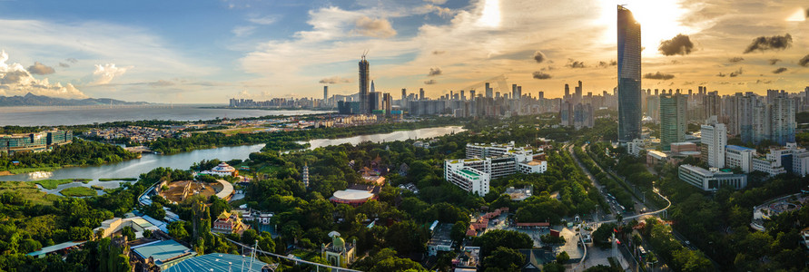 余晖摄影照片_全景航拍深圳城市夕阳日落余晖