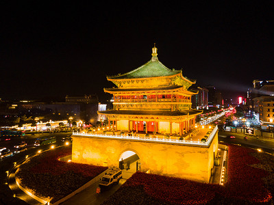 西安夜景摄影照片_西安钟楼灯光夜景摄影图