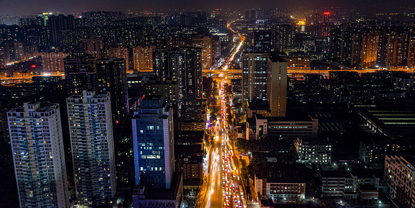 夜景车流摄影照片_武汉光谷城市街道大气夜景航拍摄影图