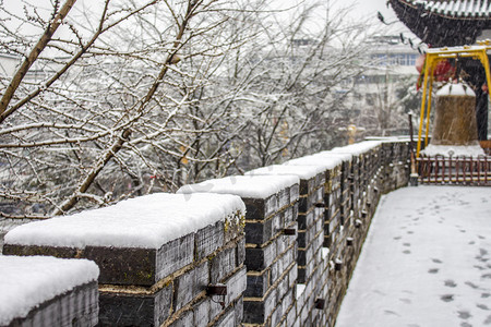 冬天白雪树木和城墙摄影图