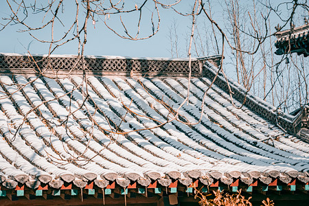 冬天屋顶上的积雪雪景摄影图