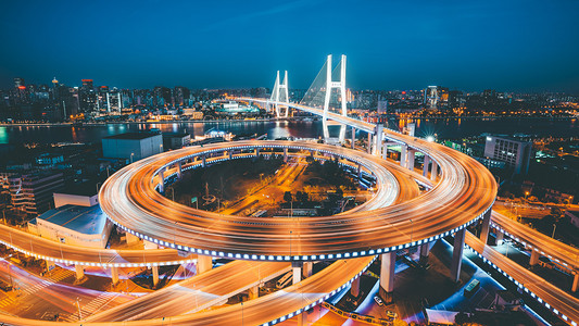 文旅夜景摄影照片_上海城市建筑夜景黄埔大桥摄影图