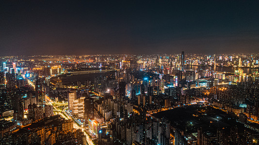 航拍城市建筑摄影照片_武汉城市建筑大气夜景航拍摄影图
