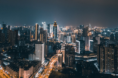 武汉城市建筑群唐家墩夜景航拍摄影图