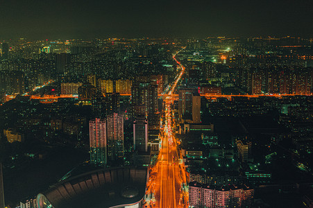 武汉城市建筑光谷民族大道夜景航拍摄影图