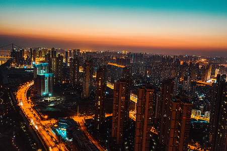 武汉城市建筑汉阳江滩日落航拍摄影图